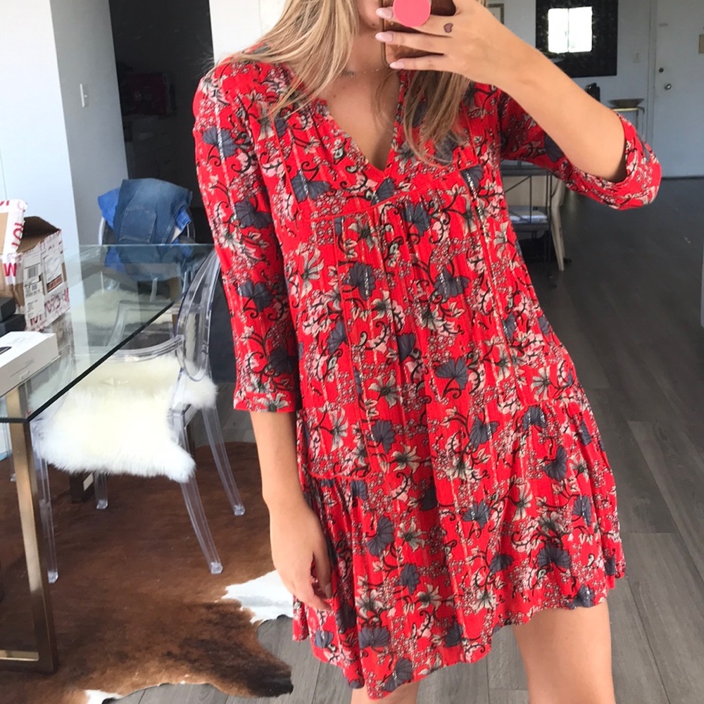 BA&SH EVE SHIFT DRESS RED/METALLIC PATTERN